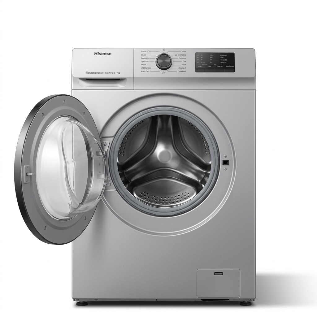 AI-edited silver Hisense washer with door open; drum gasket and hinge details illustrative.