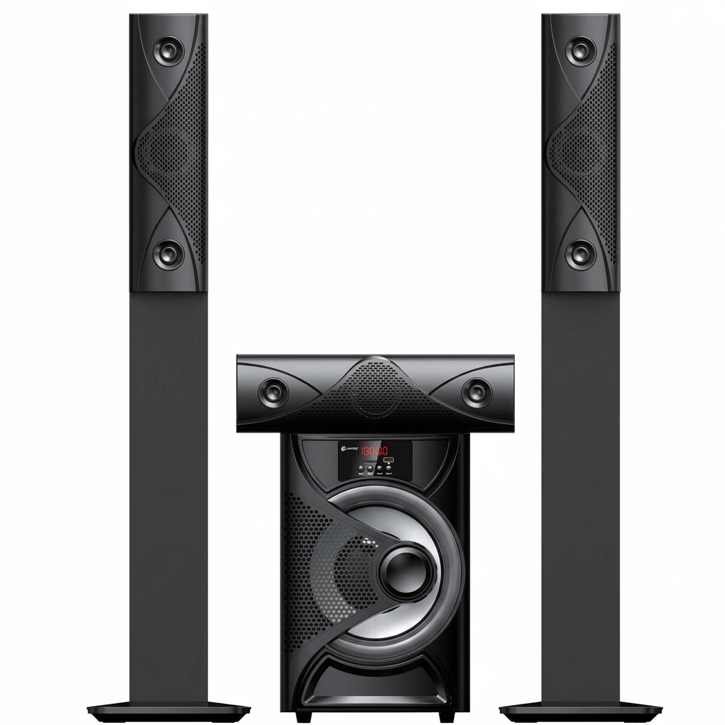 AI-edited Amtec AM-822 tallboy speaker system on white, lights off.