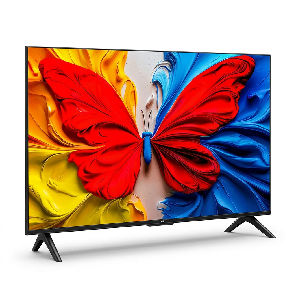 AI-edited angled TCL TV based on seller reference, on white background with illustrative butterfly screen.