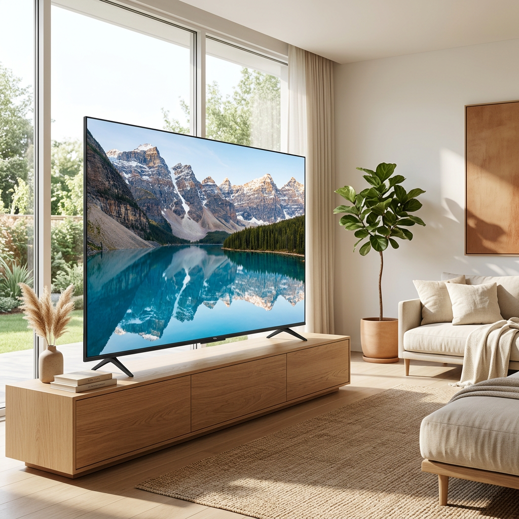 AI-edited TCL 75V6C on living-room console with illustrative lake screen; furnishings not included.