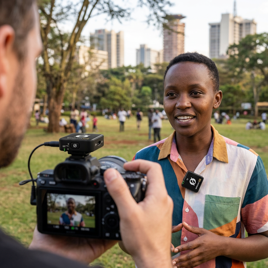 AI-generated illustration of a presenter wearing a RØDE Wireless ME transmitter during outdoor filming