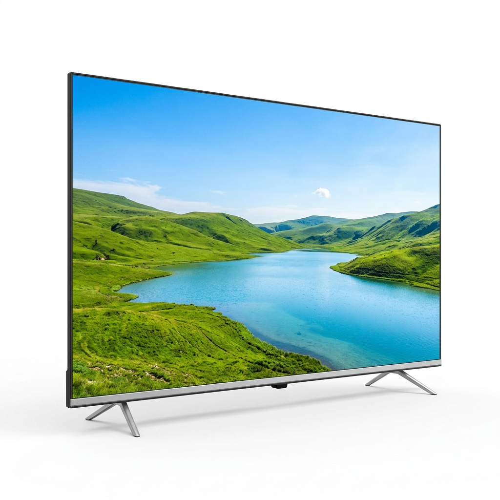 AI-edited angled TV view matching seller reference with silver feet; screen illustrative.