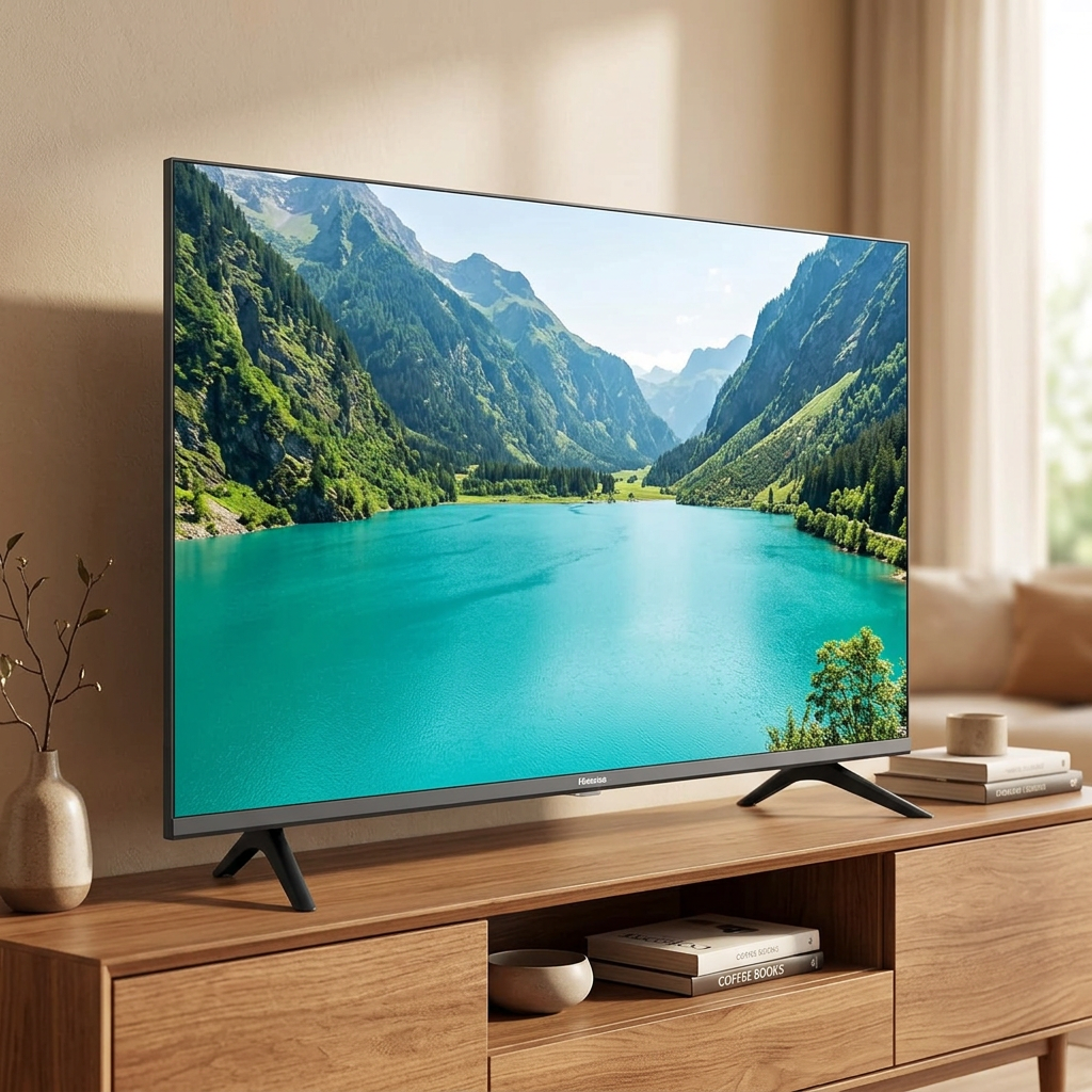 AI-edited Hisense TV living-room illustration; screen illustrative, furniture and decor not included.