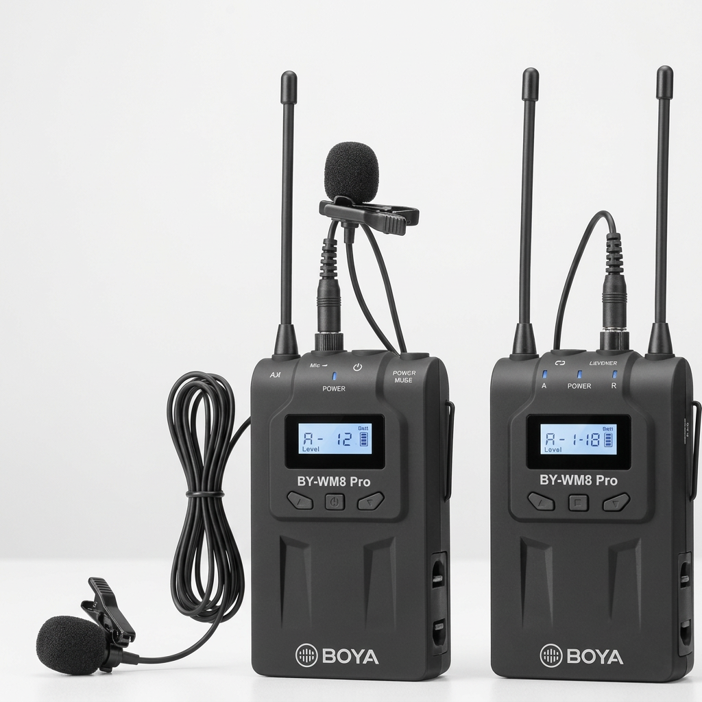 AI-generated illustration of BOYA WM8 Pro style transmitter, receiver and lavalier microphone; not verified package contents