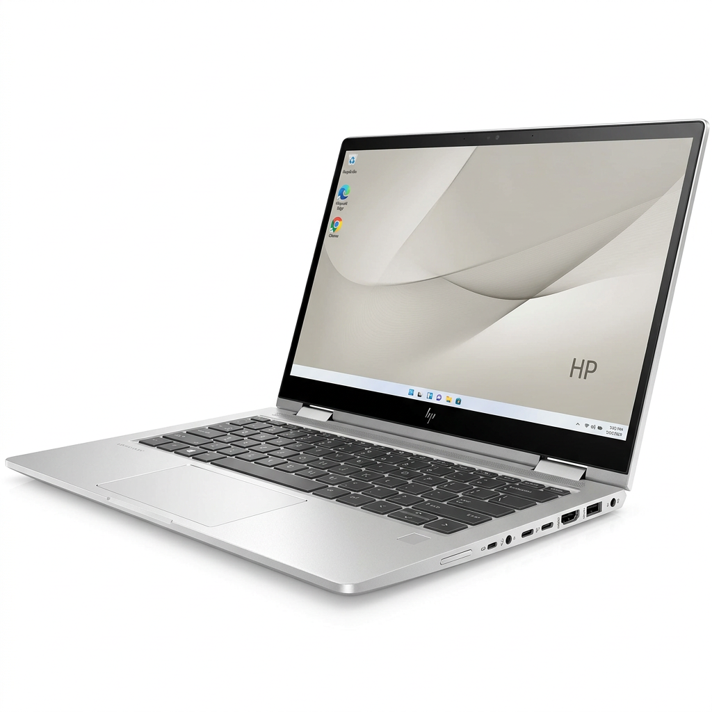 Open silver HP laptop showing screen and keyboard on a white background.