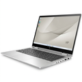 Open silver HP laptop showing screen and keyboard on a white background.
