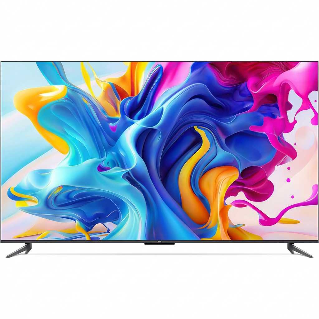 AI-edited TCL 55C645 on white showing illustrative colourful abstract screen content.