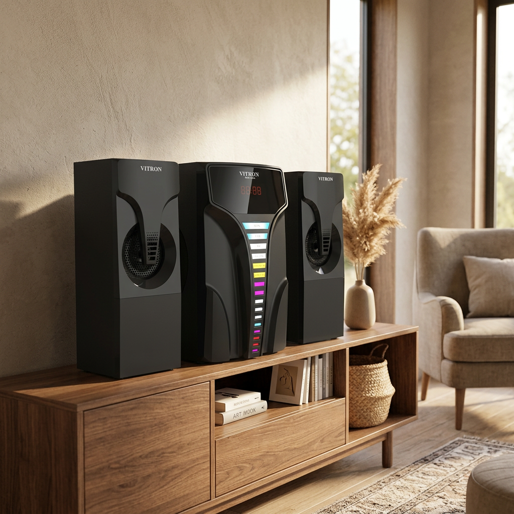 AI-edited V5204 speaker set room illustration; furniture not included, scale illustrative.