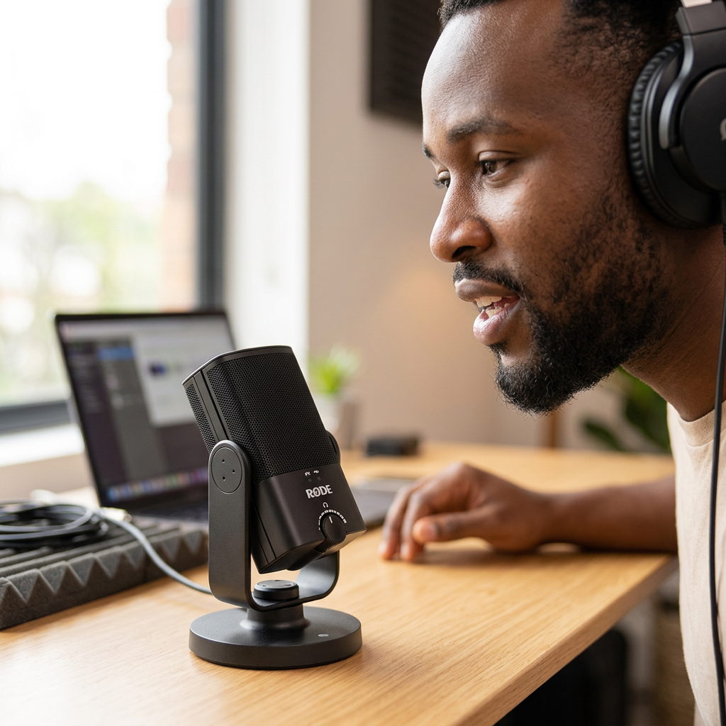 AI-generated illustration of a creator using a RØDE NT-USB Mini microphone at a recording desk