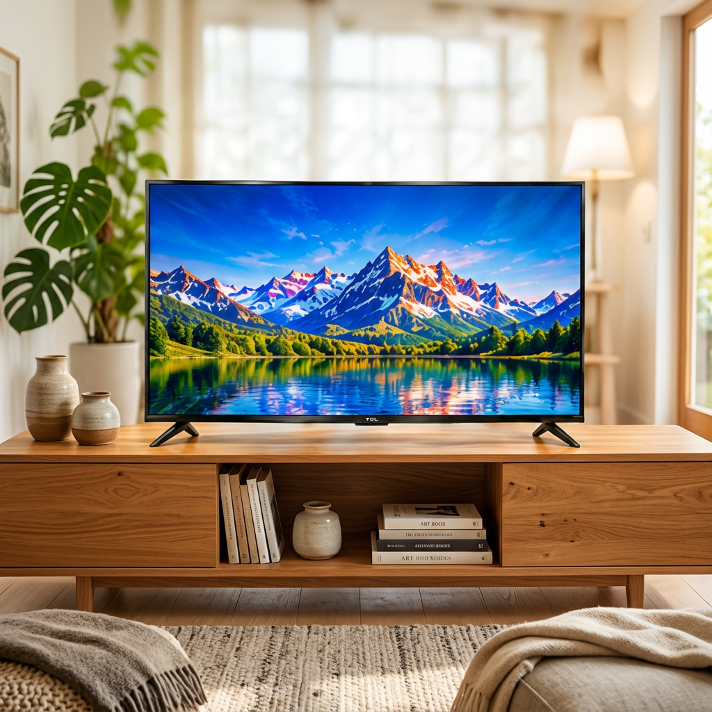 AI-edited TCL TV living-room illustration; screen illustrative, furniture not included.