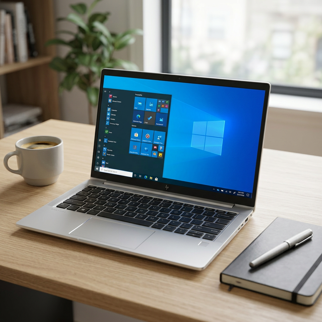 Silver HP laptop open on a home-office desk beside a notebook and coffee cup.
