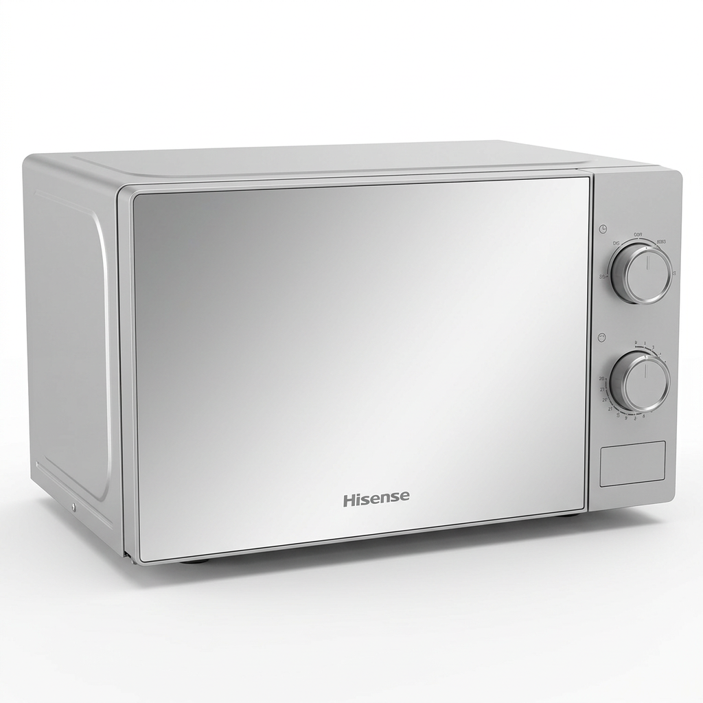 AI-generated silver Hisense 20L microwave illustration based on the appliance pictured on its box.