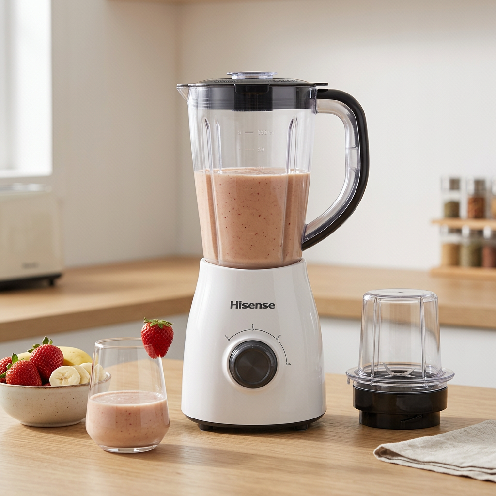 AI-generated reference-based Hisense blender with secured lid in an illustrative smoothie preparation scene