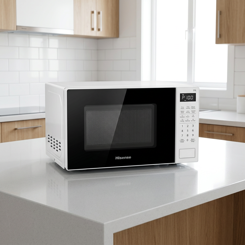AI-edited Hisense white digital microwave in bright kitchen; furnishings not included.