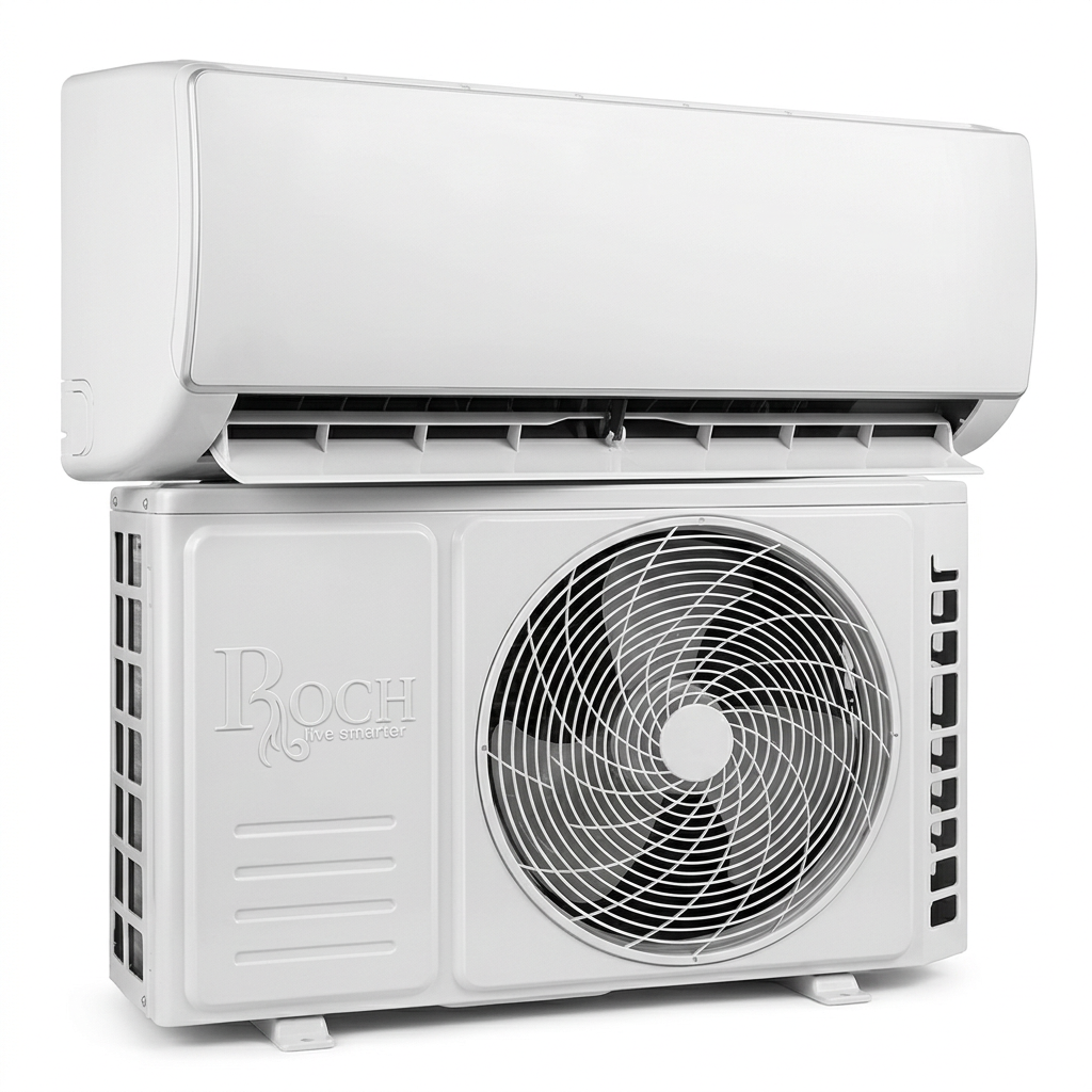 AI-edited ROCH split air conditioner set with airflow louver open and service cover intact
