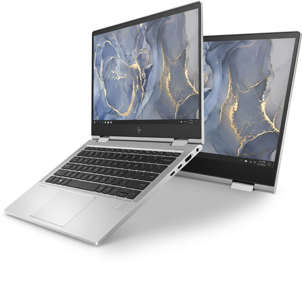 Open silver HP laptop showing keyboard and screen on a white background.