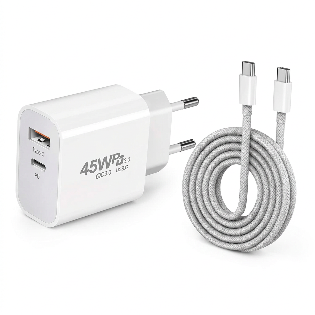 AI-edited reference of unbranded 45W charger with two round pins and braided USB-C cable on white