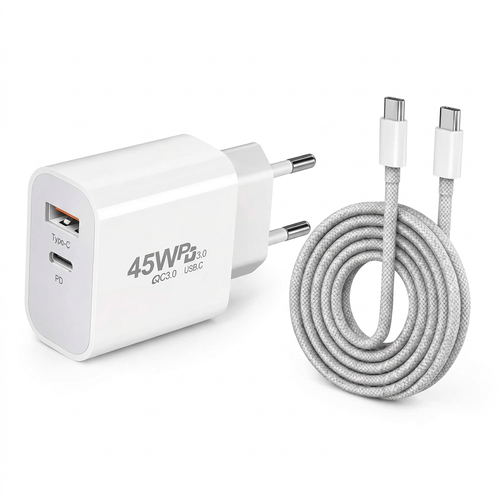 AI-edited reference of unbranded 45W charger with two round pins and braided USB-C cable on white