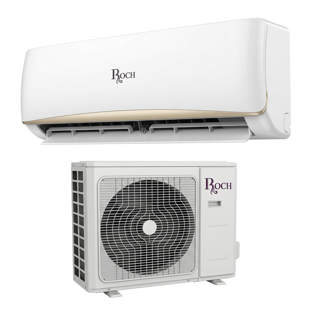 AI-edited ROCH split AC set with airflow louver open and front service cover intact