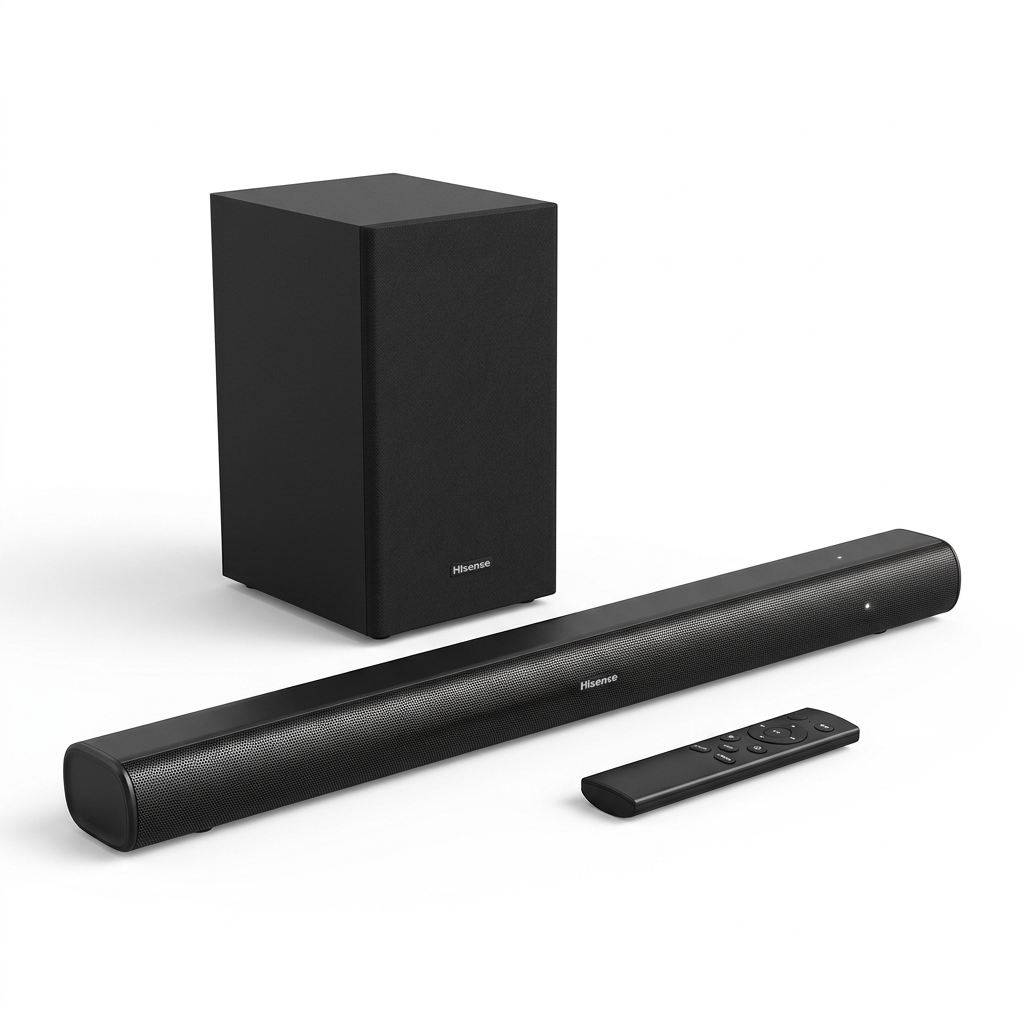 AI-edited powered-on soundbar set with intact enclosures; status-light appearance illustrative.