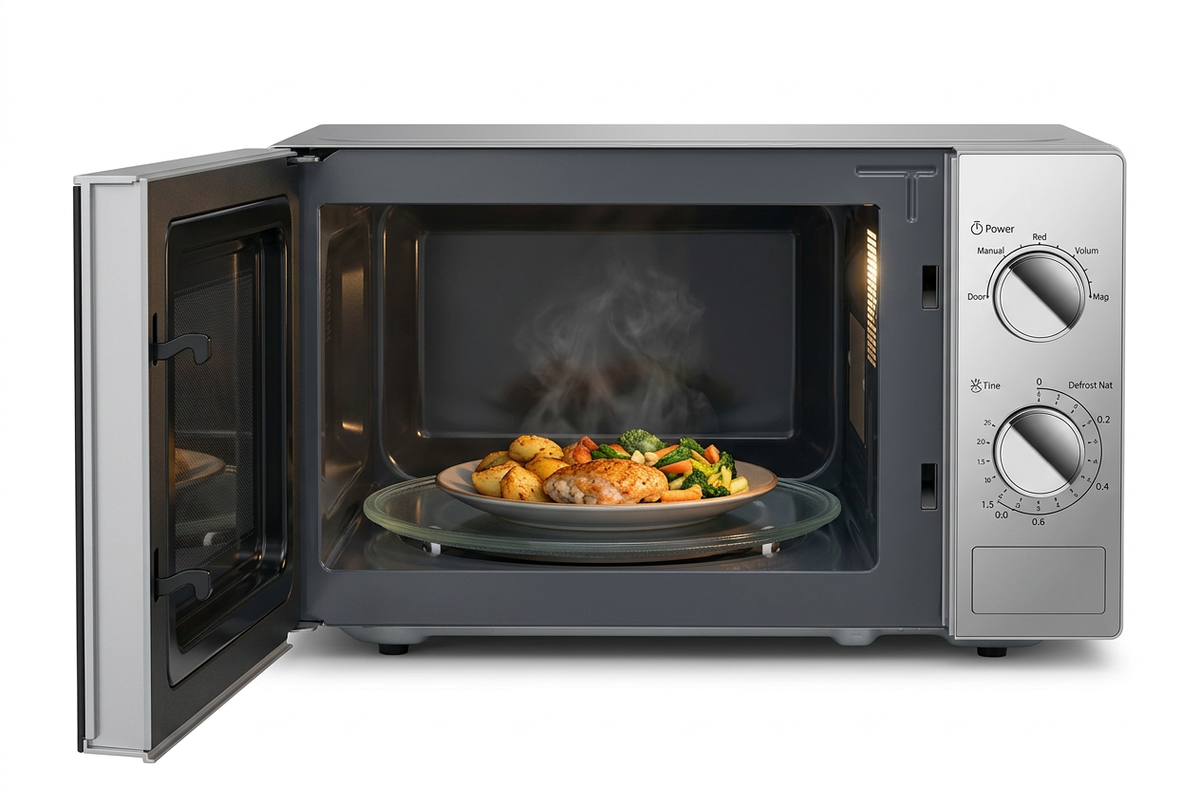 Hisense 20L Silver Manual Microwave Oven - Door Open with Food