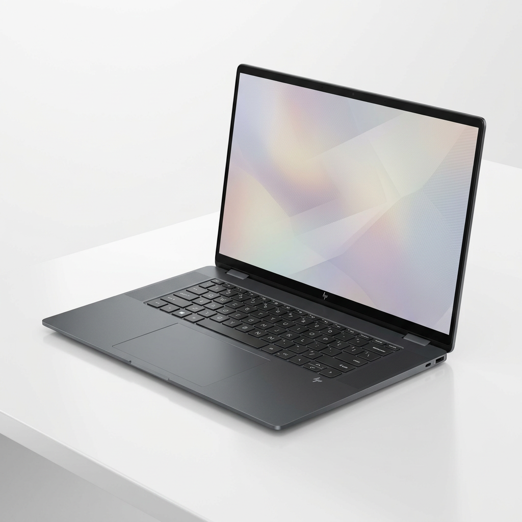 AI-generated illustration of an open dark grey HP OmniBook X Flip laptop on a white background