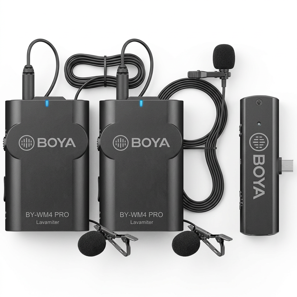 AI-generated unpacked illustration of two BOYA bodypack transmitters, two lavalier microphones and a plug-in receiver