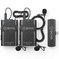 AI-generated unpacked illustration of two BOYA bodypack transmitters, two lavalier microphones and a plug-in receiver