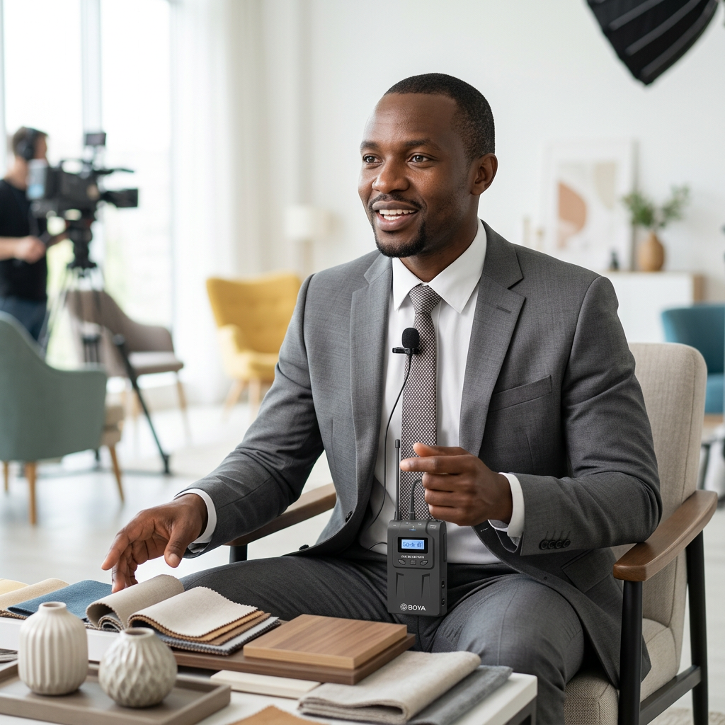 AI-generated illustration of a presenter wearing a lavalier microphone connected to a BOYA WM8 Pro style bodypack