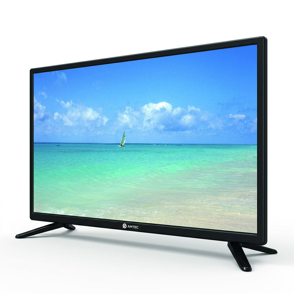 AI-edited angled Amtec TV on white; screen and depth illustrative.
