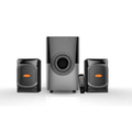 AI-edited Vitron V400 subwoofer, two satellite speakers and remote on white with display off.