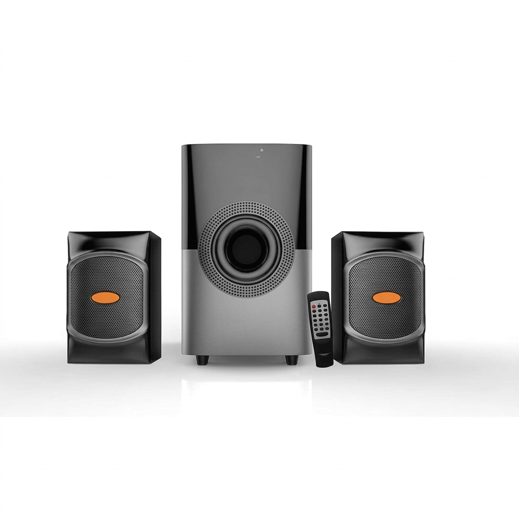 AI-edited Vitron V400 subwoofer, two satellite speakers and remote on white with display off.
