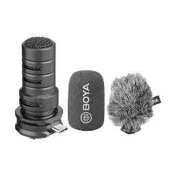 BOYA DM100 Type-C microphone with BOYA foam cover and furry windshield displayed separately on white