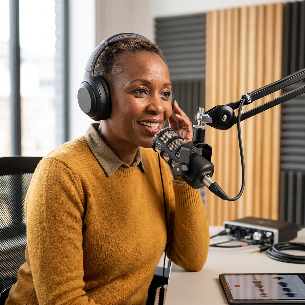 AI-generated illustration of a podcast host speaking into a RØDE PodMic dynamic microphone
