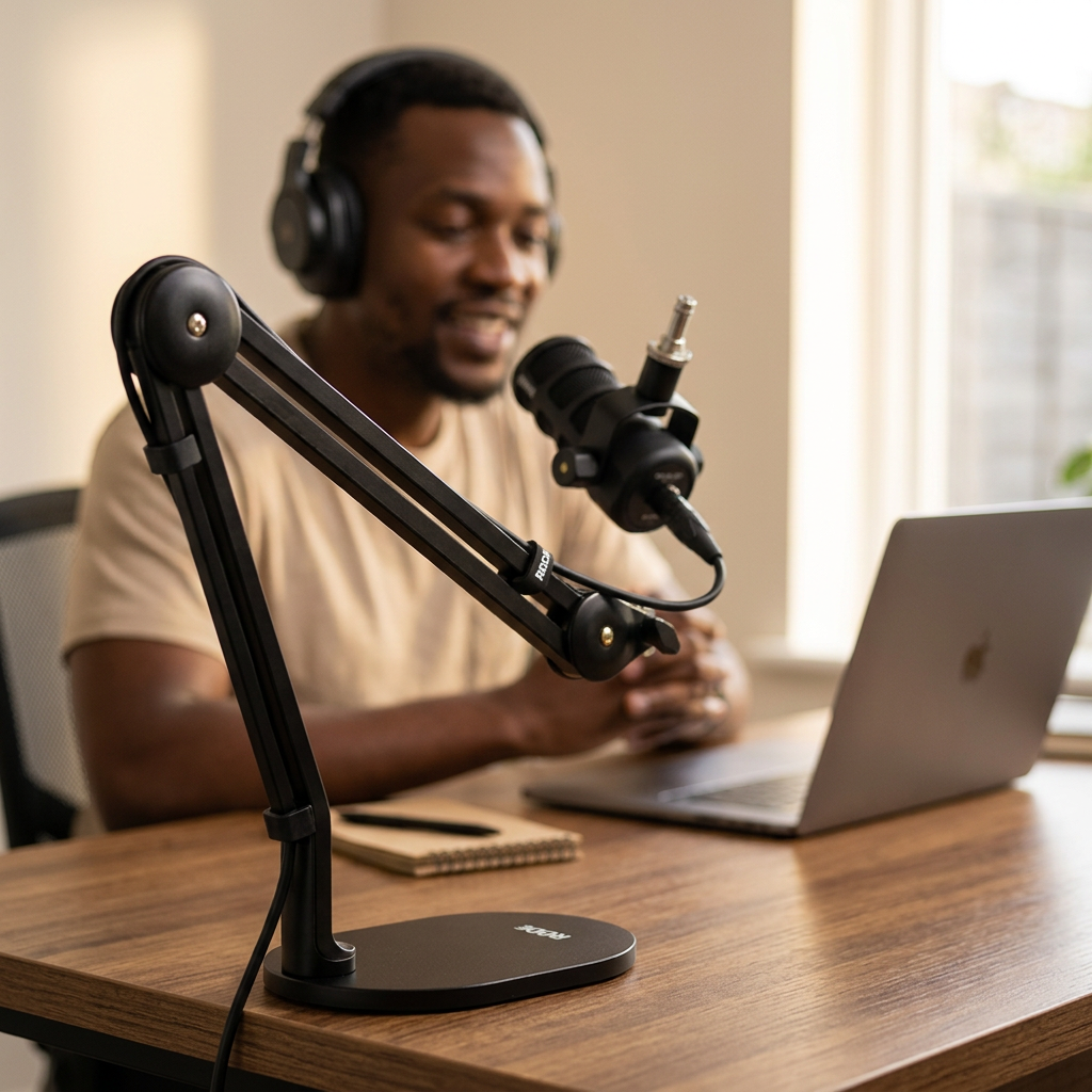 AI-generated illustration of a podcaster using a microphone supported by a RØDE DS2 desktop studio arm