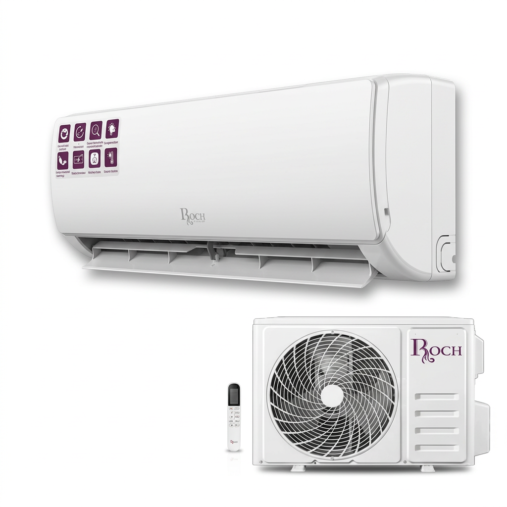 AI-edited ROCH inverter split air conditioner with airflow louver open and casing intact