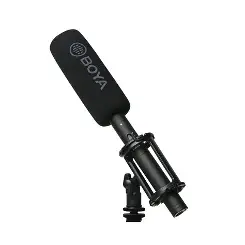 Black BOYA BM6060 shotgun microphone with BOYA foam windshield, suspension mount and mounting foot