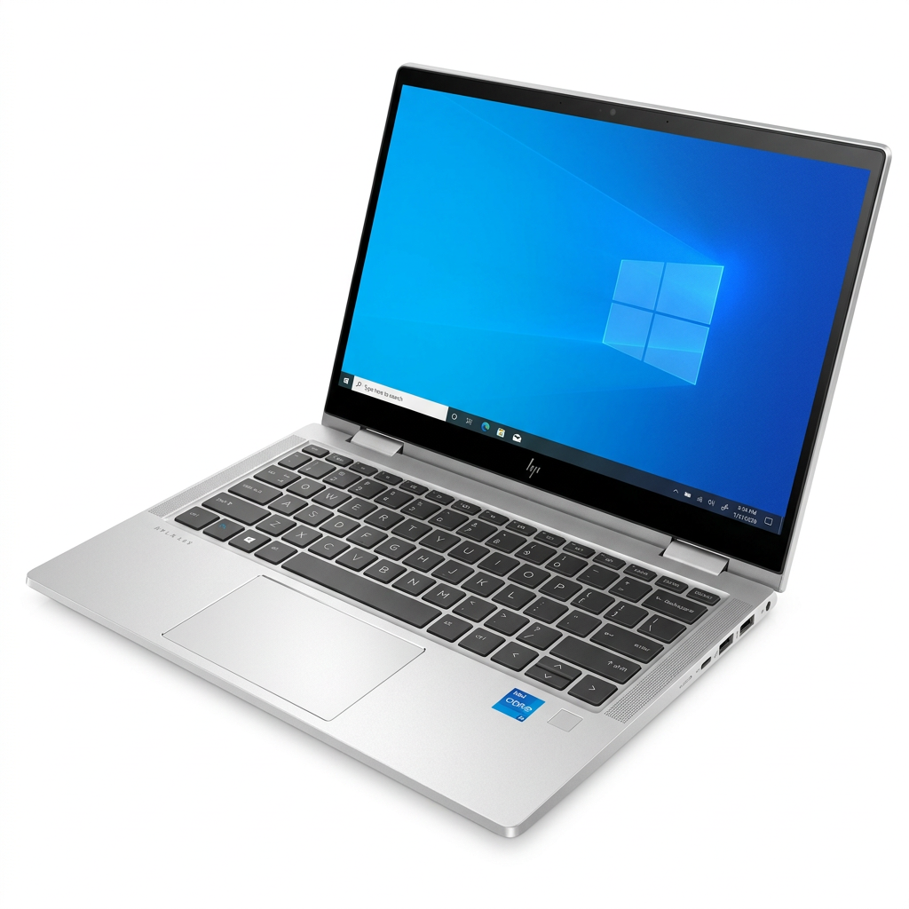 Silver HP laptop open at a three-quarter angle showing screen and keyboard on white.