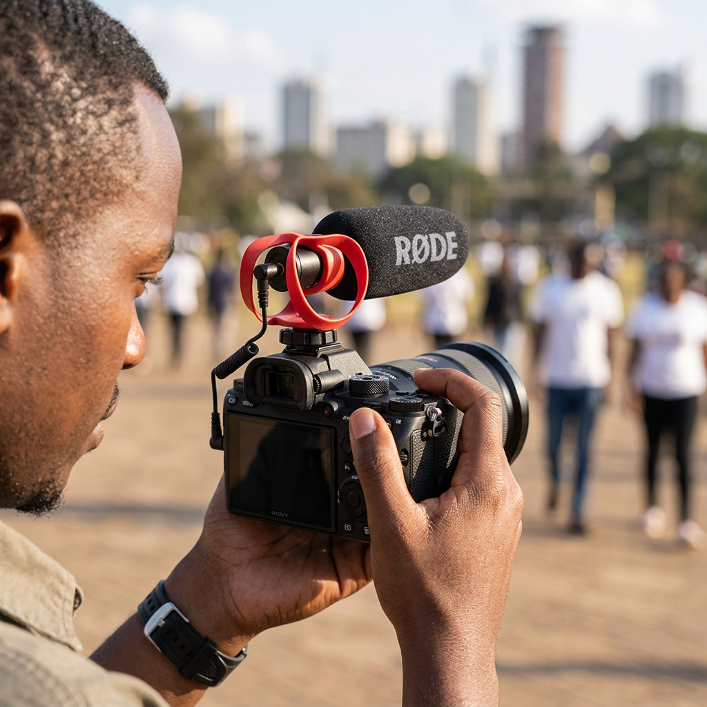 AI-generated illustration of a videographer using a RØDE VideoMicro II mounted on a camera outdoors