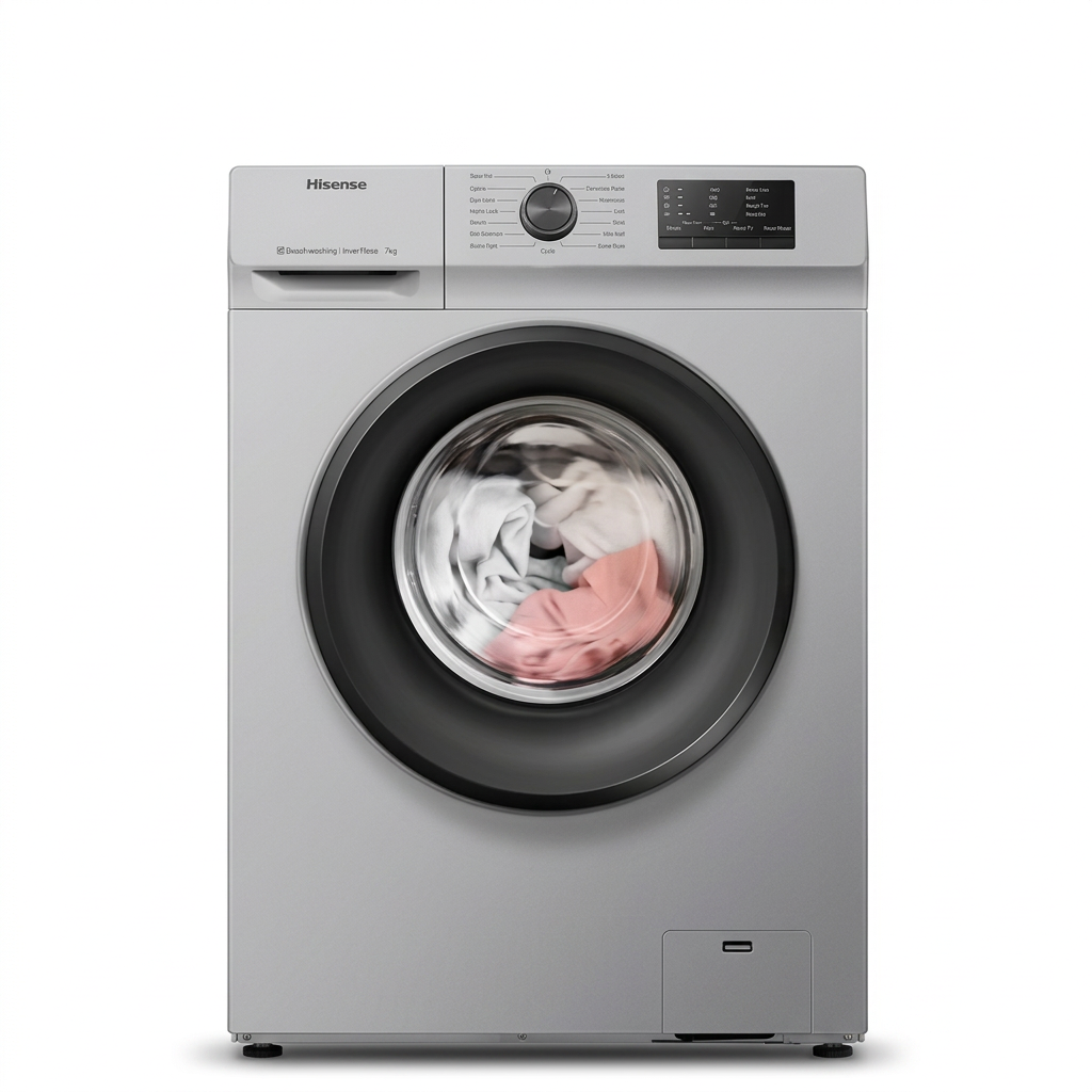 AI-edited silver Hisense front-load washer closed on white, based on supplied silver reference.