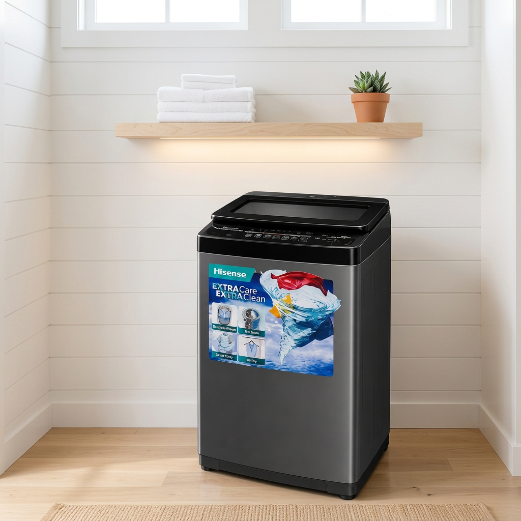 AI-edited Hisense washing machine in laundry room; furnishings not included.