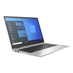 Silver HP laptop open at an angle on a white background.