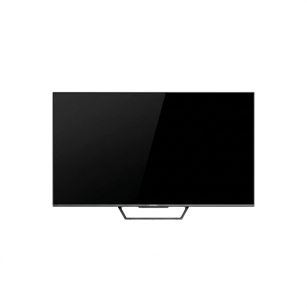 AI-edited Skyworth 65-inch TV on white with screen off and central loop stand.