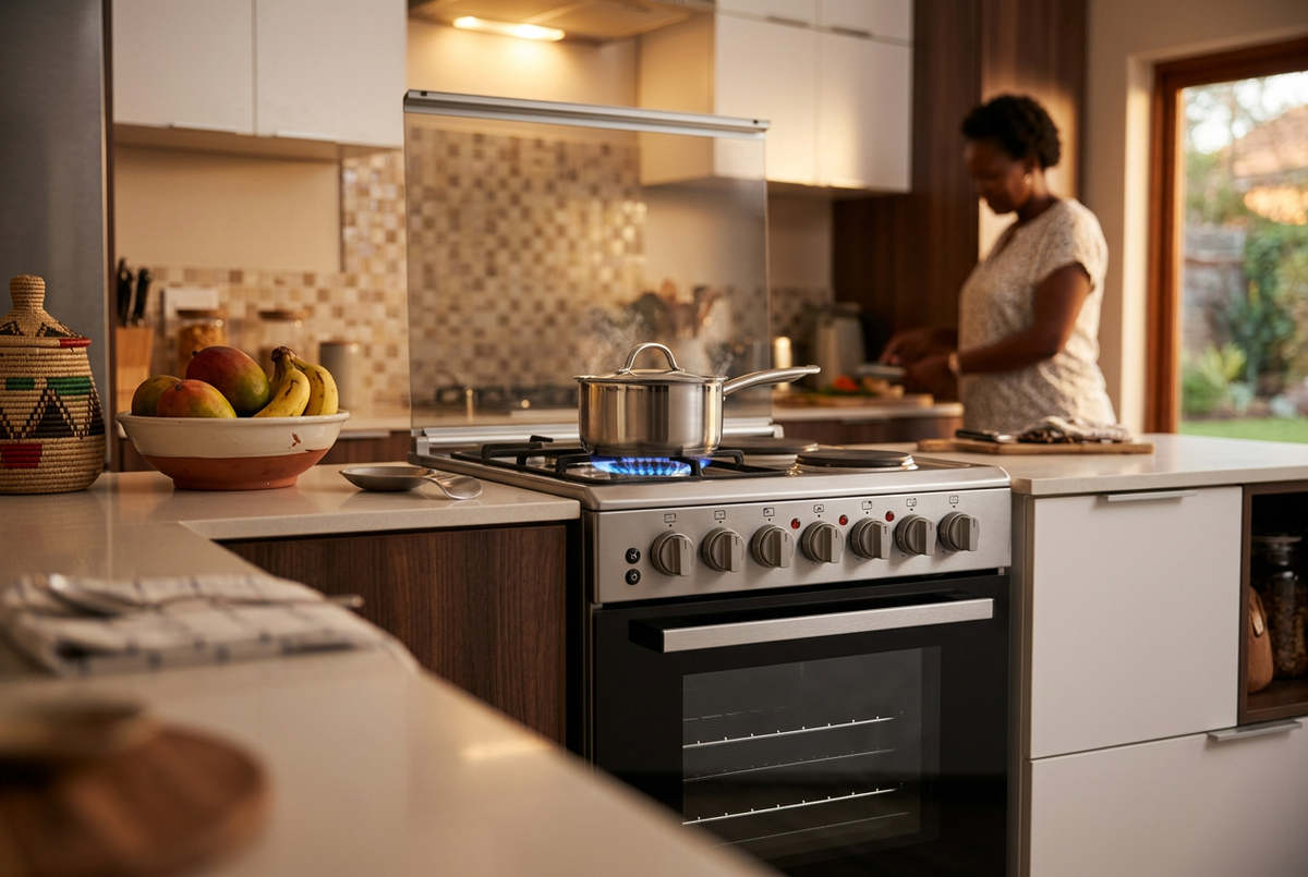 Hisense 60cm x 60cm Freestanding Cooker - Kitchen Lifestyle with Gas Flame