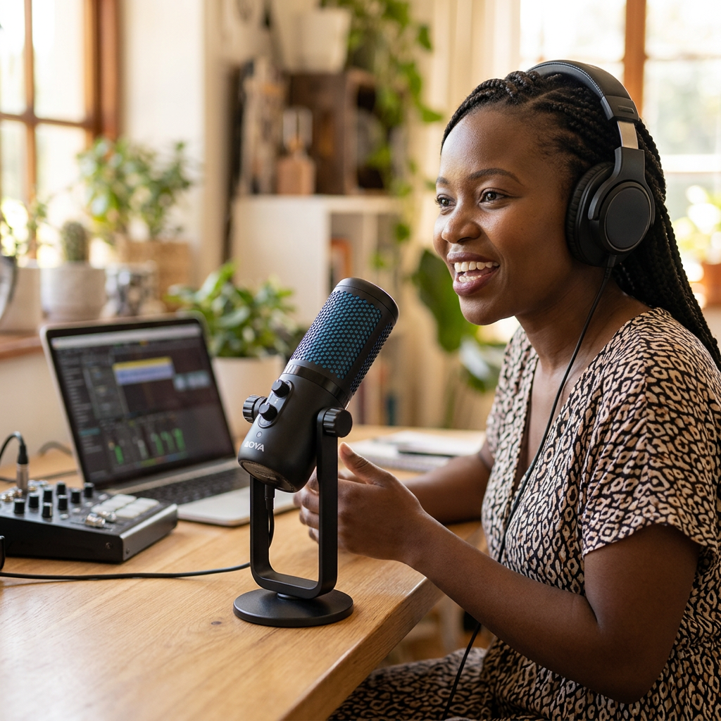 AI-generated illustration of a creator recording with a BOYA PM740 USB microphone at a desk