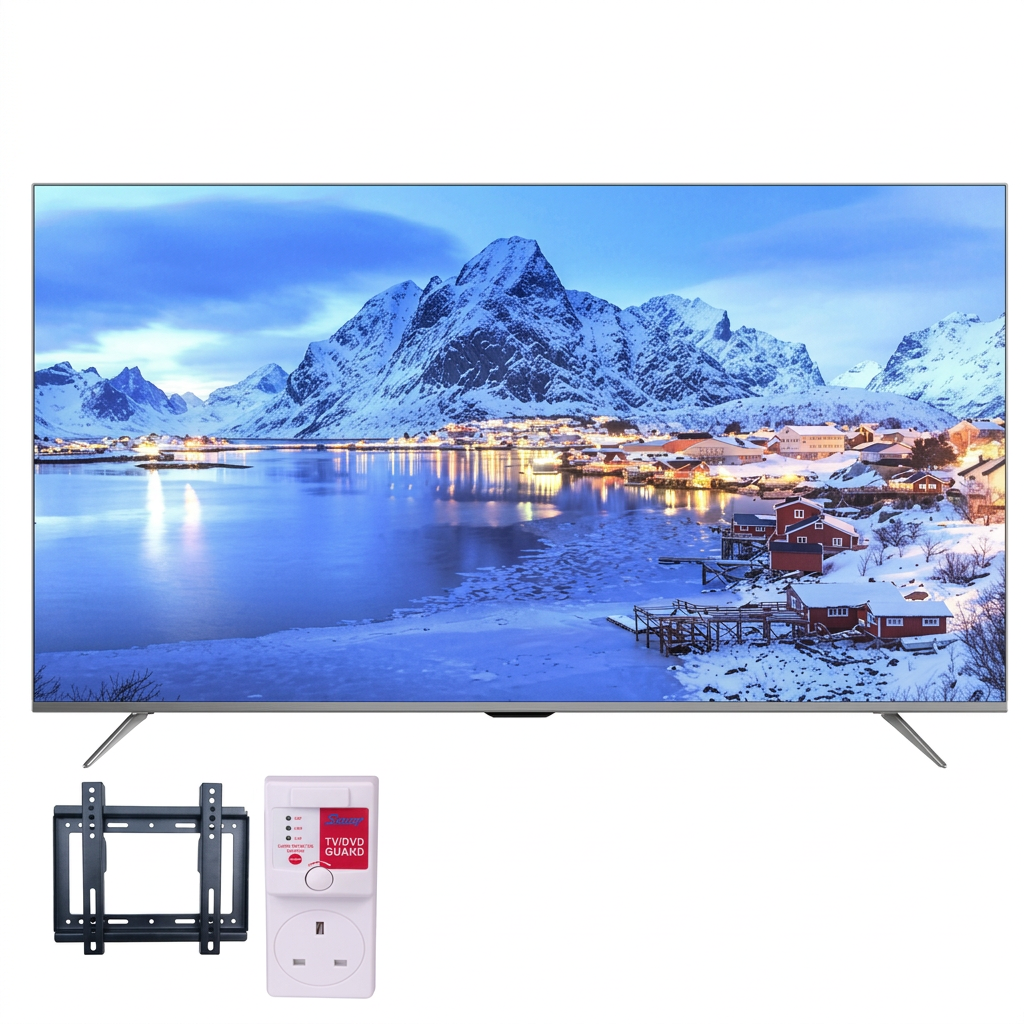 AI-edited Vitron 50-inch TV screen on with included TV guard and wall bracket.