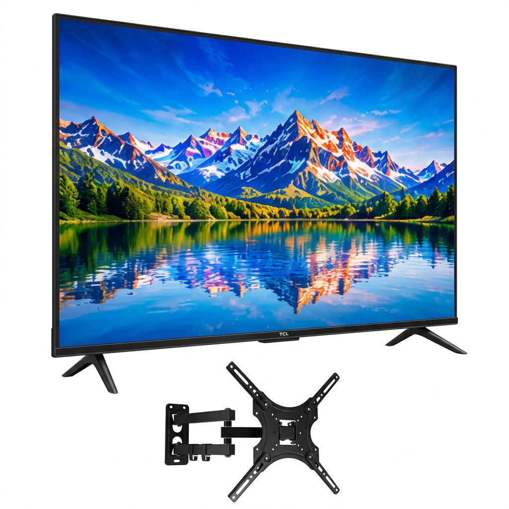 AI-edited angled TCL TV with included swivel wall bracket; screen and bracket appearance illustrative.