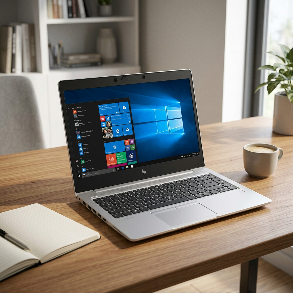 Silver HP laptop open on an office desk beside a notebook and cup.