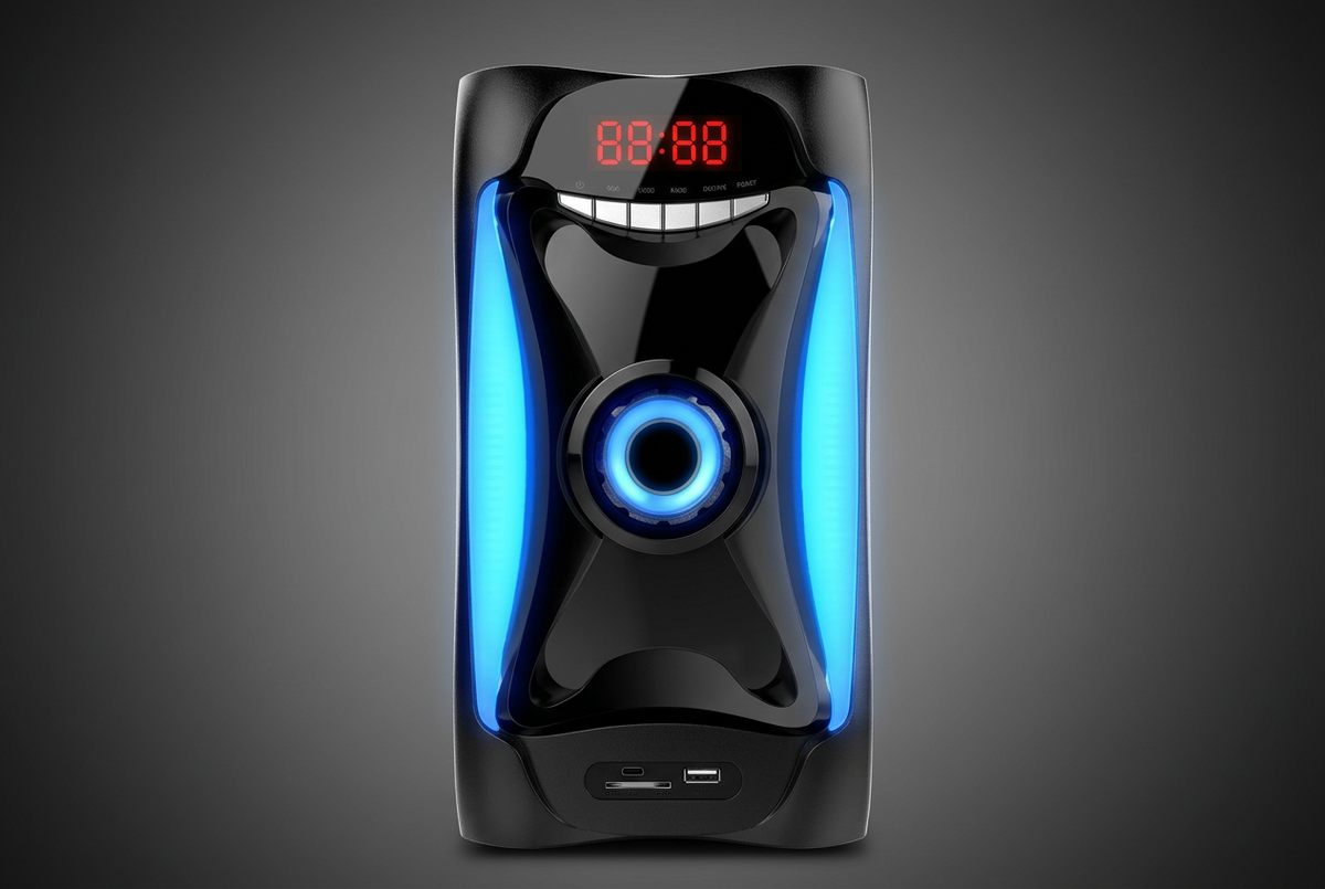 Amtec AM-003 2.1CH Hi-Fi Multimedia Speaker System - Subwoofer Close-up with Blue LED Detail