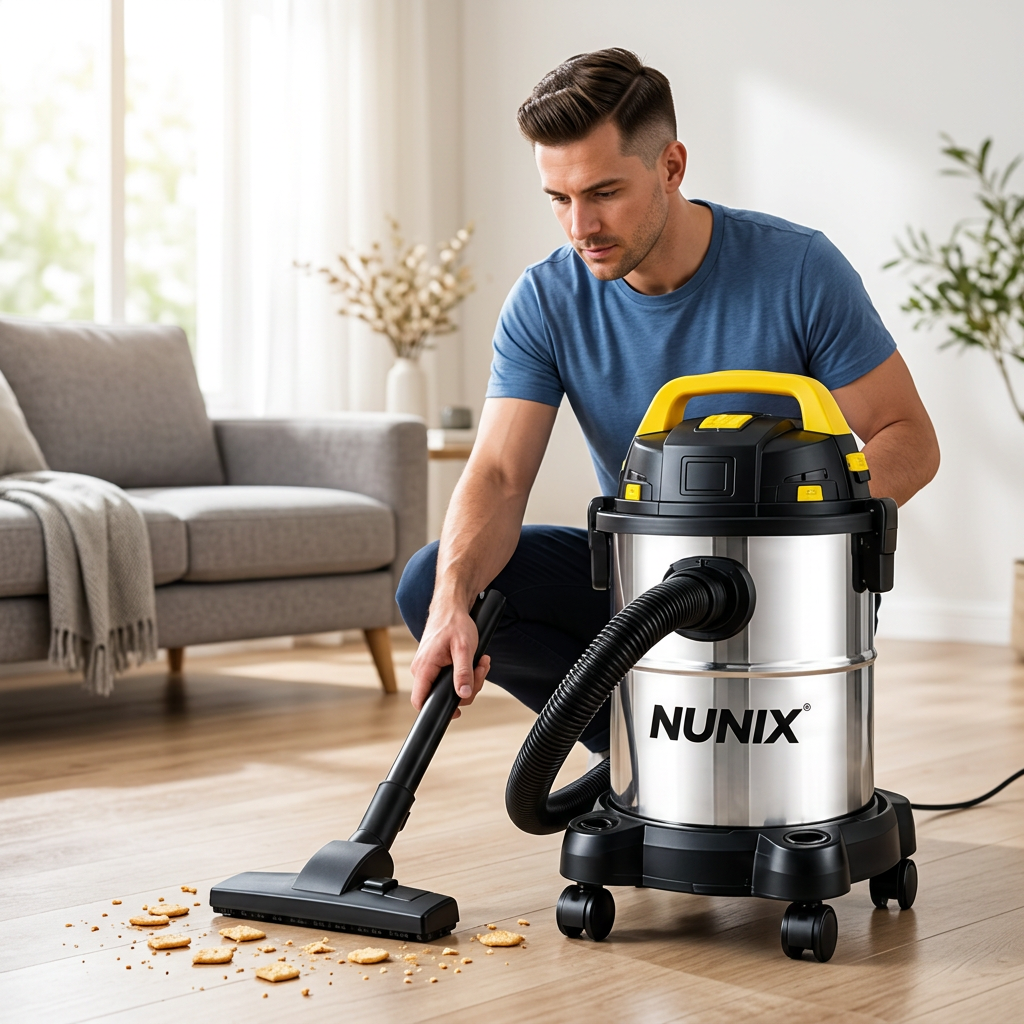 AI-edited Nunix vacuum cleaning ordinary dry debris in a home; furniture and decor not included.